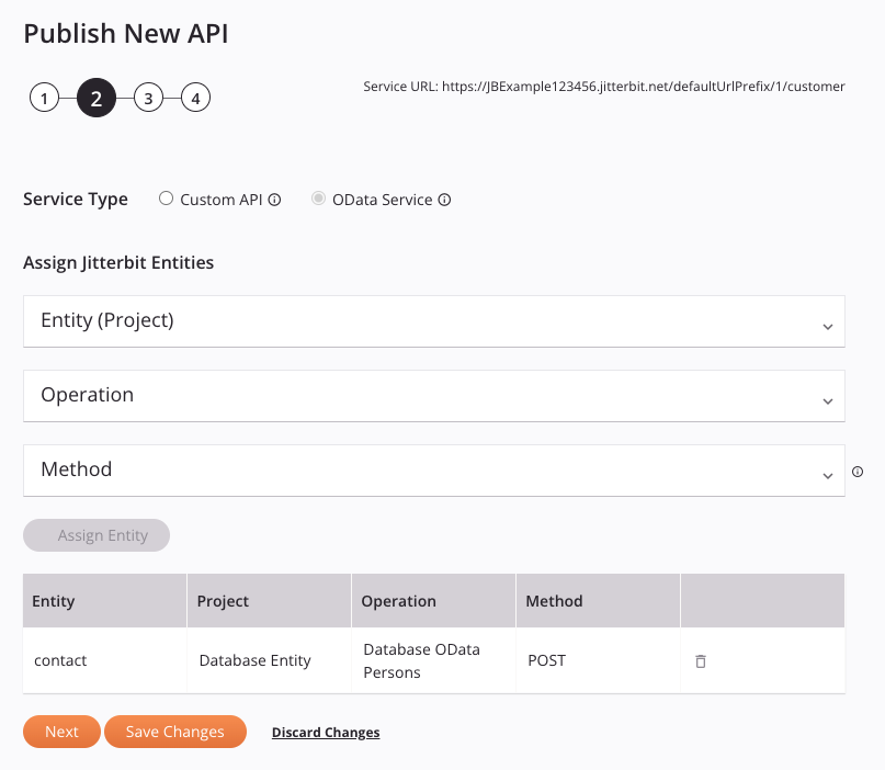 publicar nueva API paso 2 asignar entidades jitterbit odata