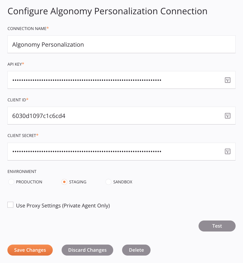 Algonomy Personalization connection configuration