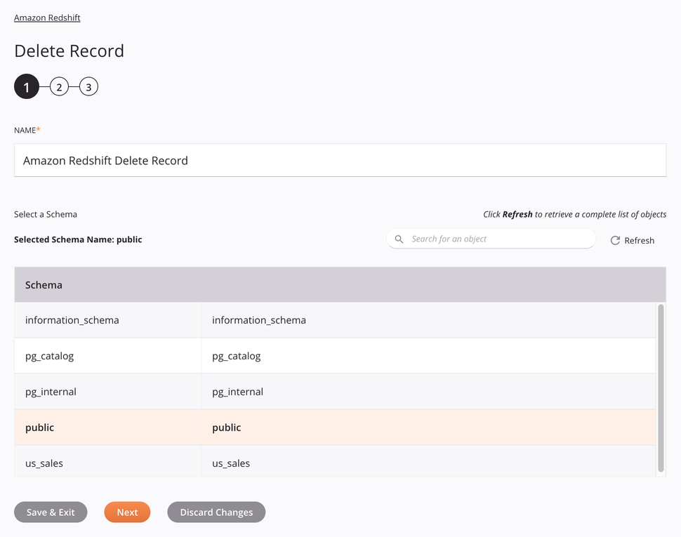 Amazon Redshift Delete Record Activity Configuration Step 1