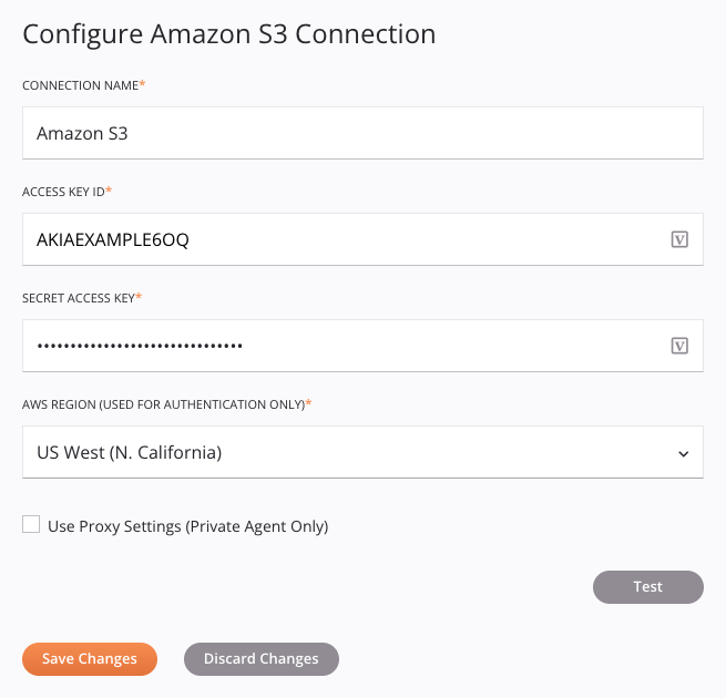Amazon S3 connection configuration