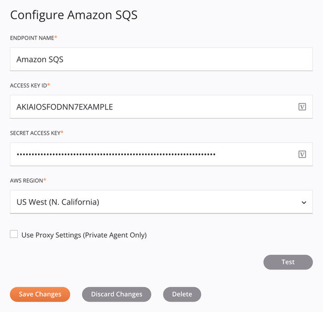 Amazon SQS connection configuration