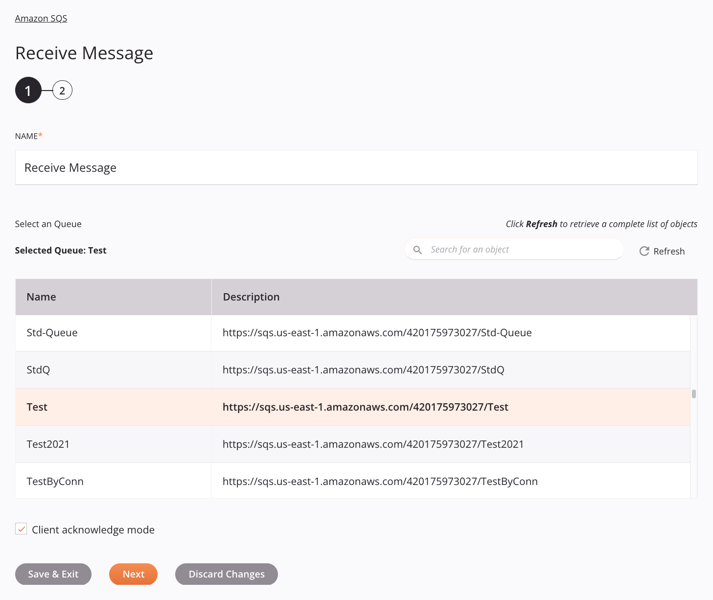 Amazon SQS Receive Message Configuration Step 1
