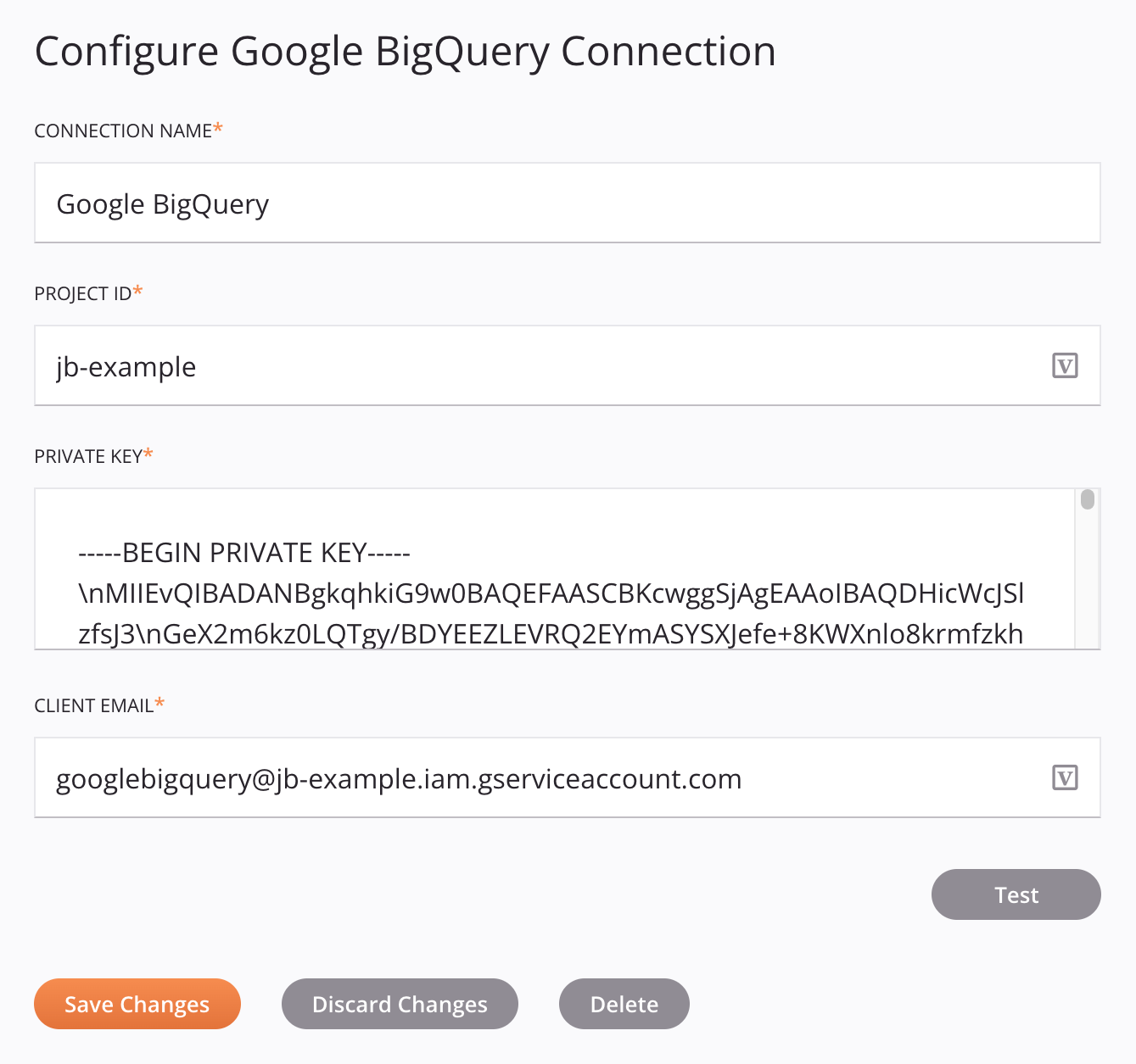 Google BigQuery connection configuration