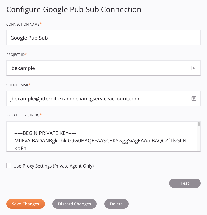 Google Pub Sub connection configuration