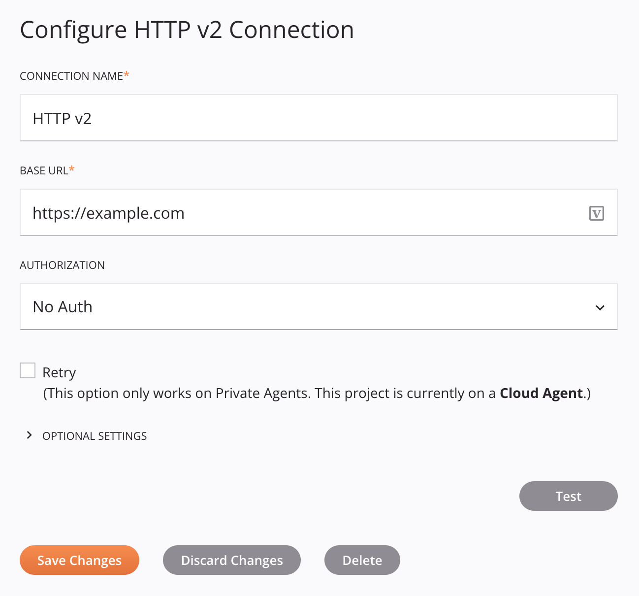 HTTP v2 connection configuration