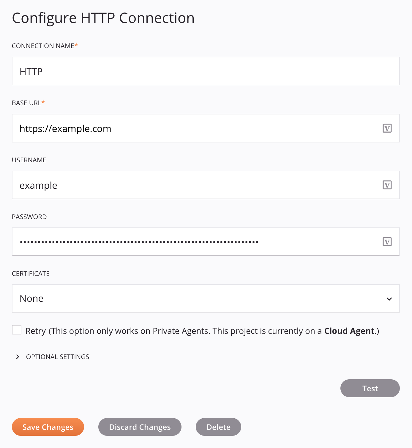 Configuración de conexión HTTP