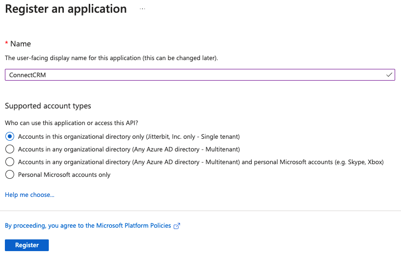 Microsoft Dynamics CRM Register an application