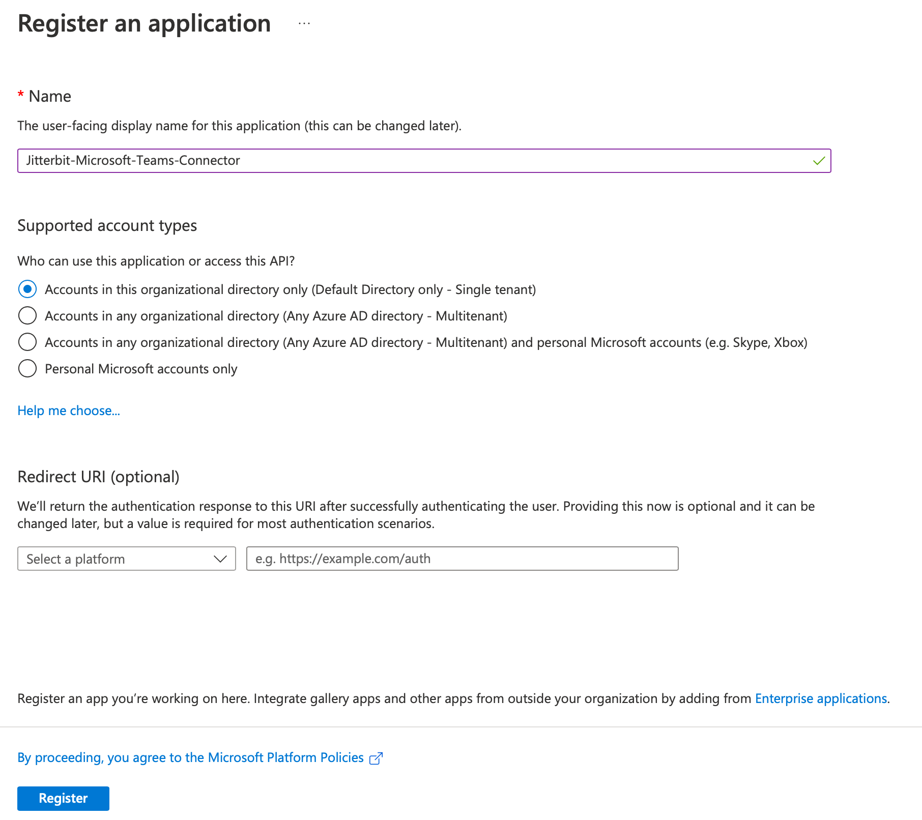 Microsoft application new registration