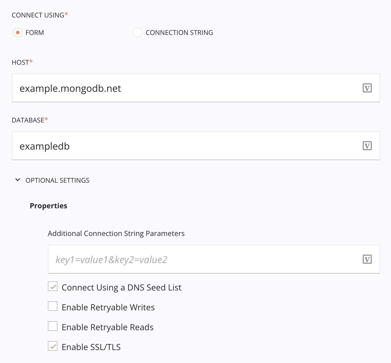 Formulário de configuração de conexão MongoDB