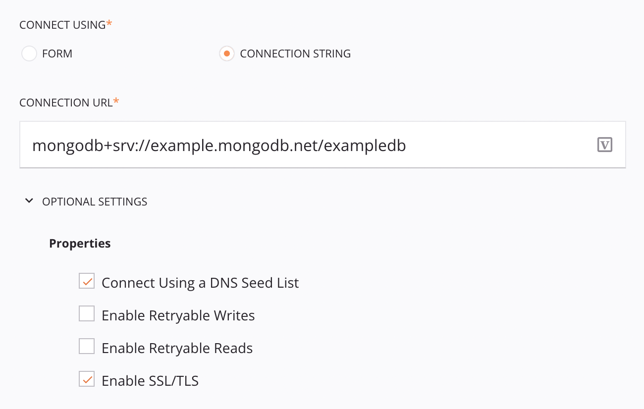Cadeia de configuração de conexão MongoDB