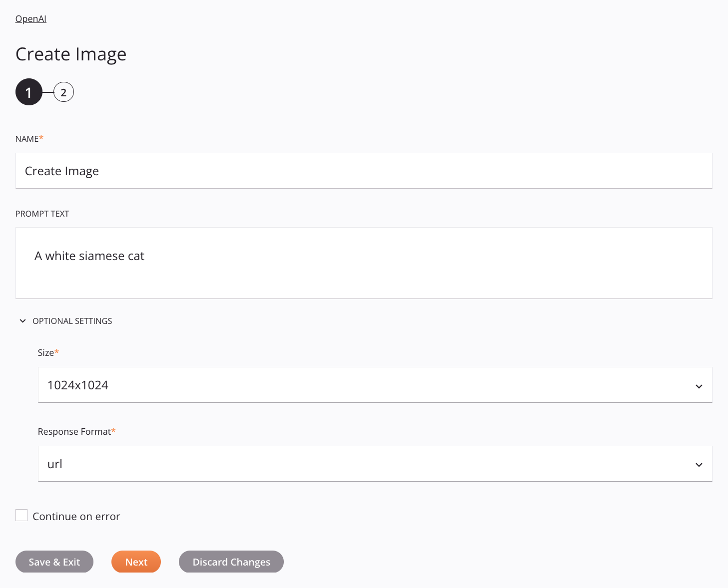 OpenAI Create Image Activity Configuration Step 1