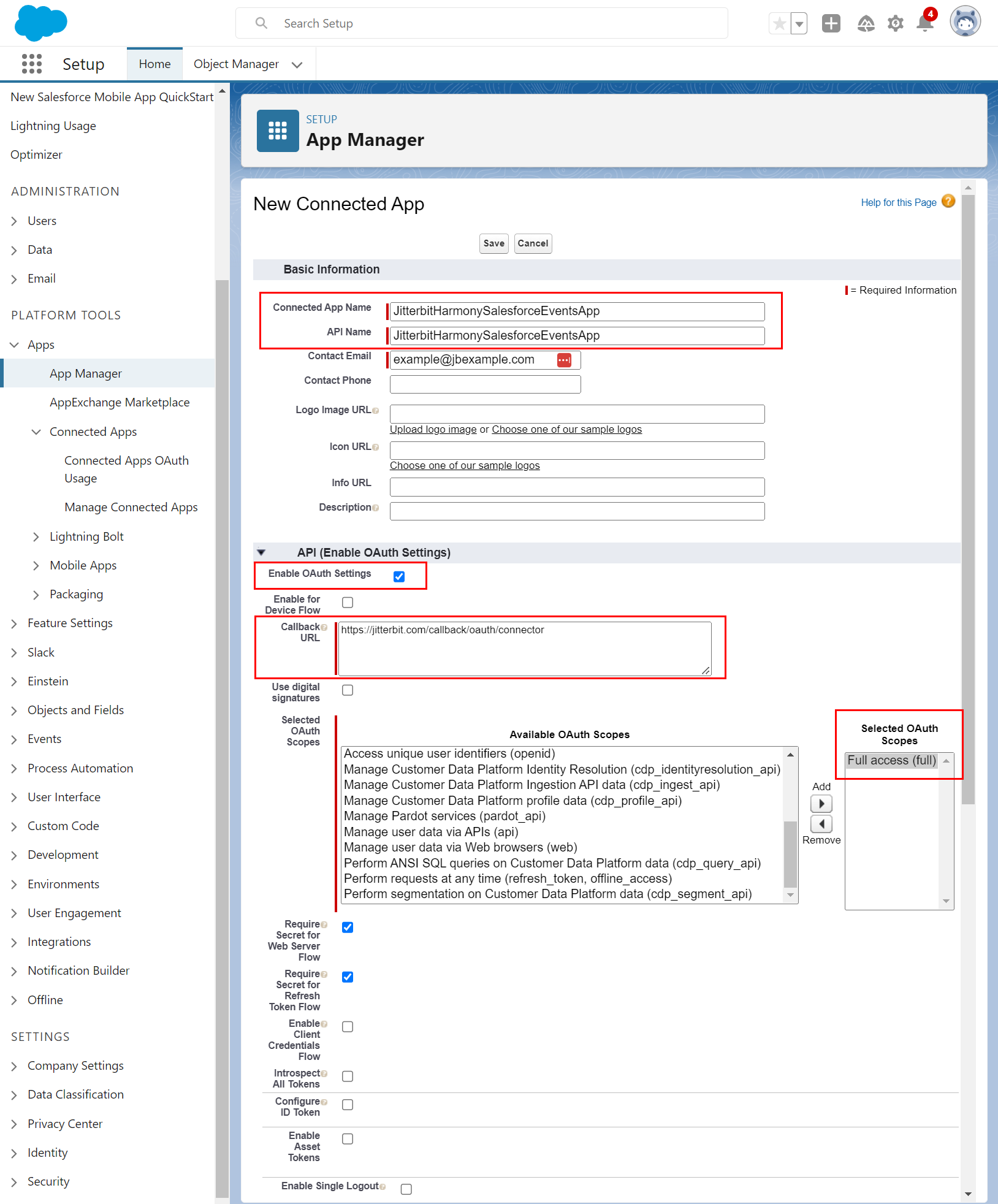 salesforce new connected app configuration annotated