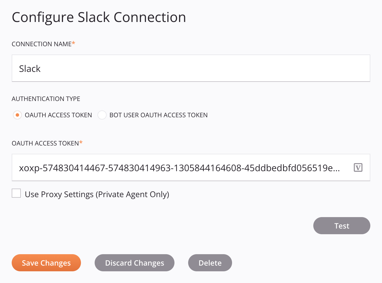 Slack connection configuration