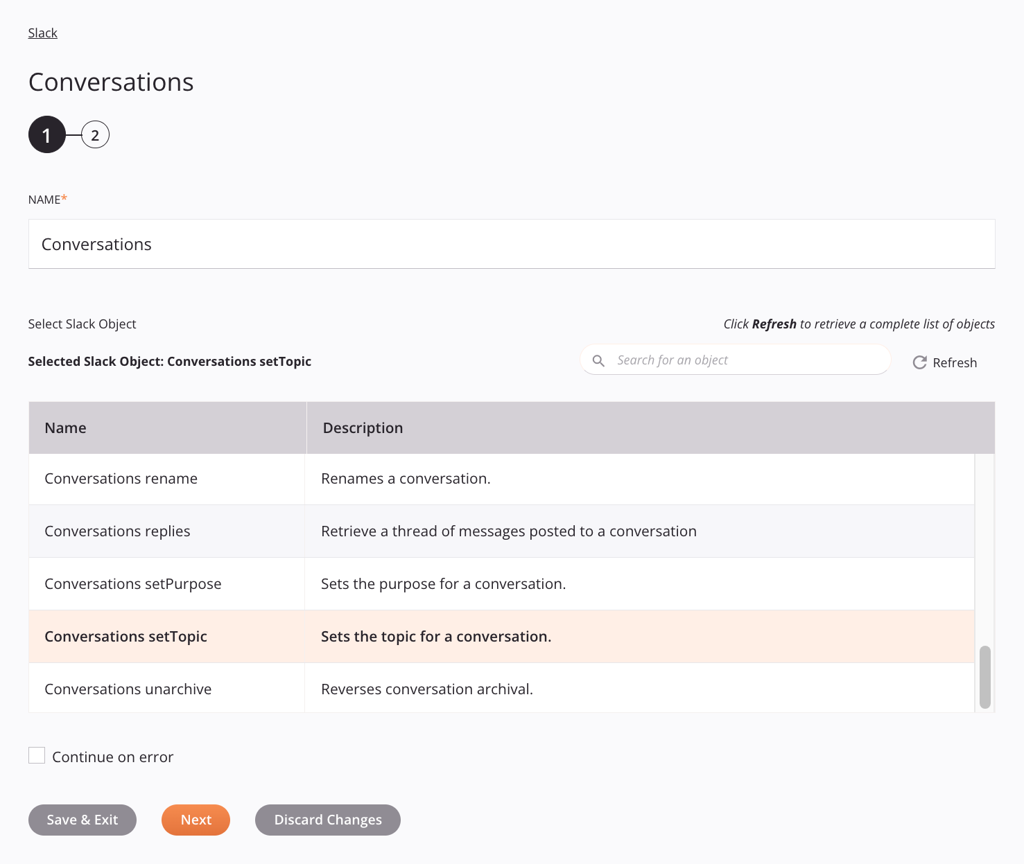 Slack Conversations Activity Configuration Step 1