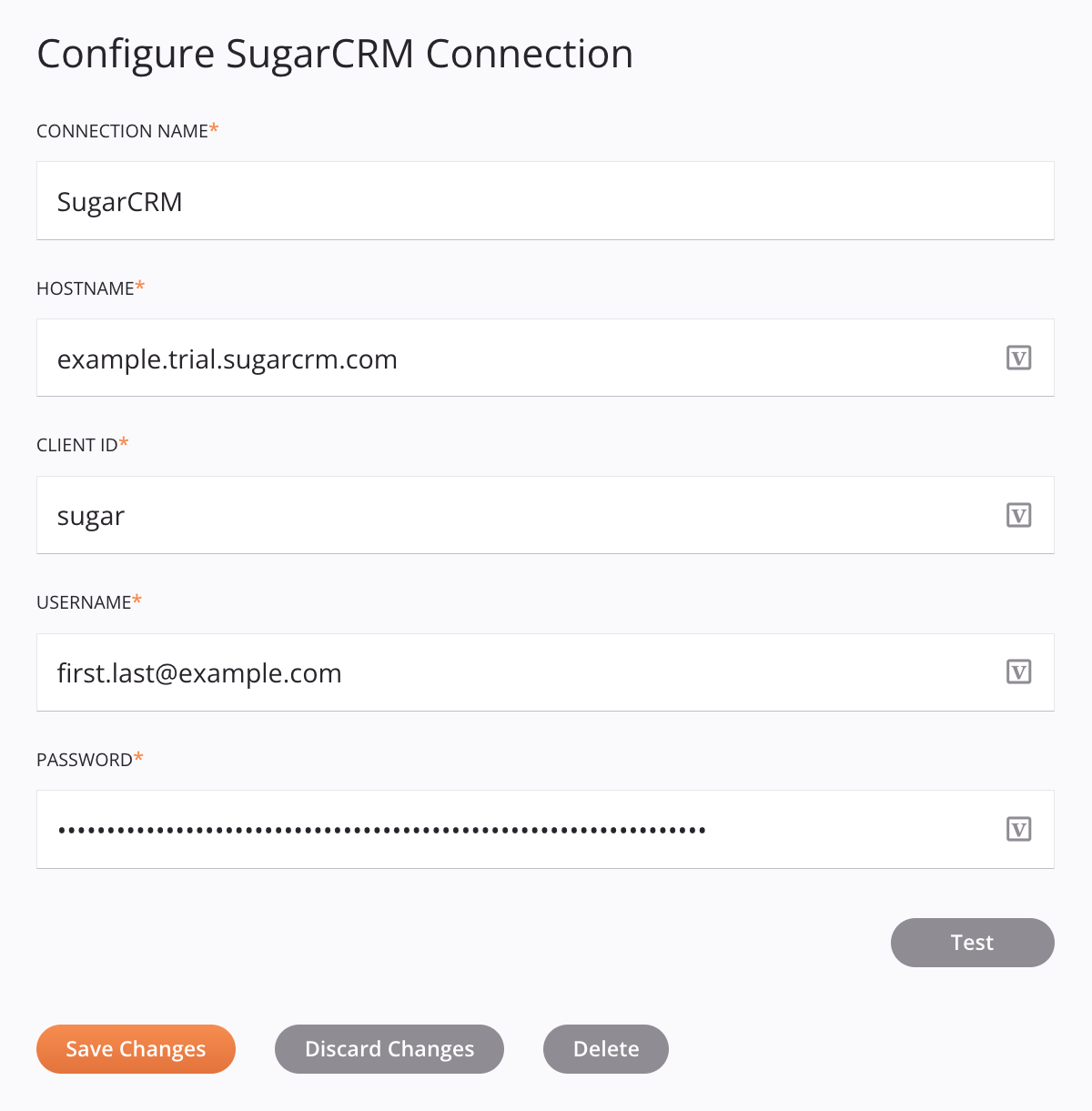 Configuração de conexão SugarCRM