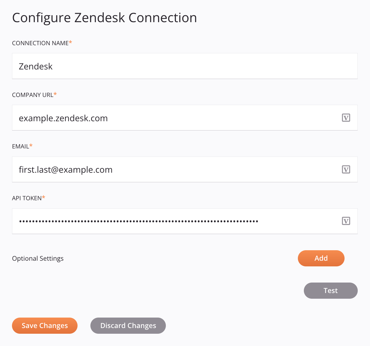  Configuração de conexão do Zendesk