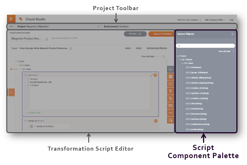 project designer transformation component palette annotated pp