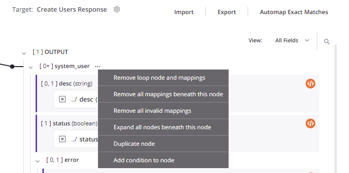 target node actions menu