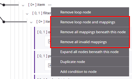 modo de destino remove mapeamentos de nó de loop anotados