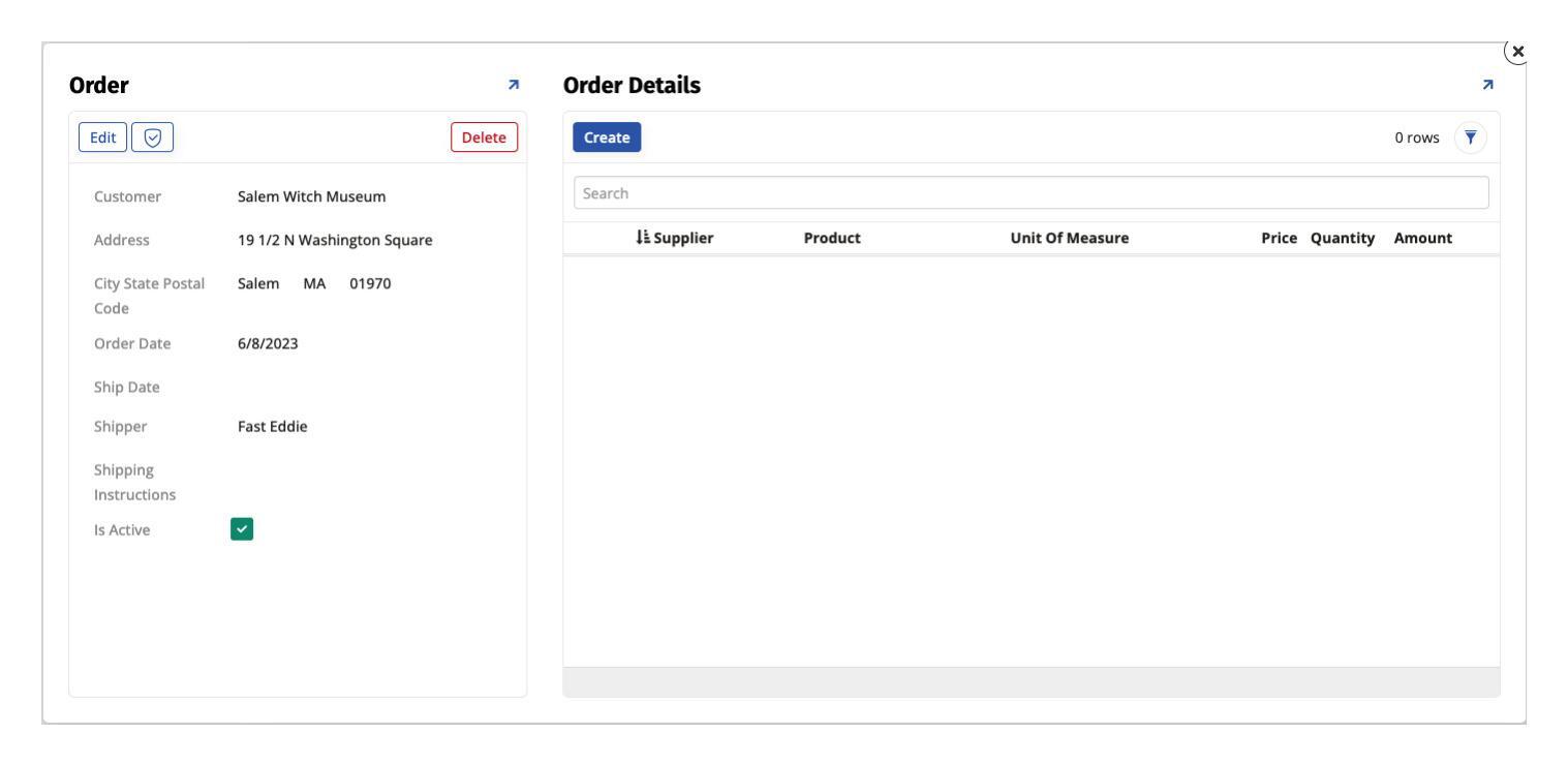 order page with order detail panel