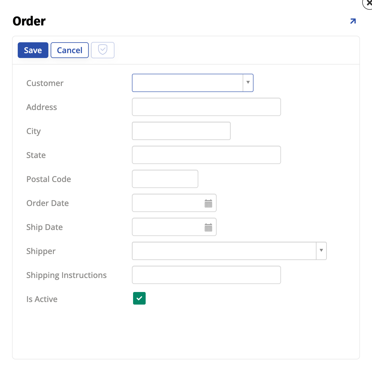 order form popup screen